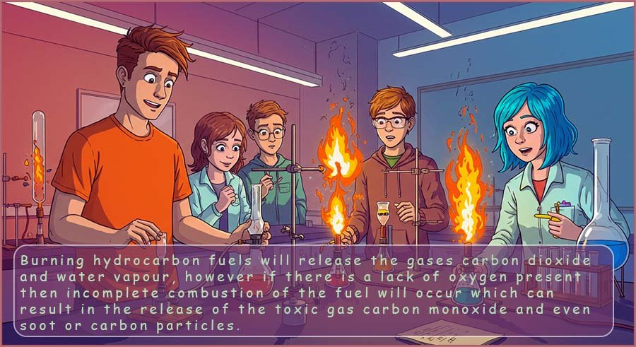 Poster showing the products of complete and incomplete combustion when fuels are burned.